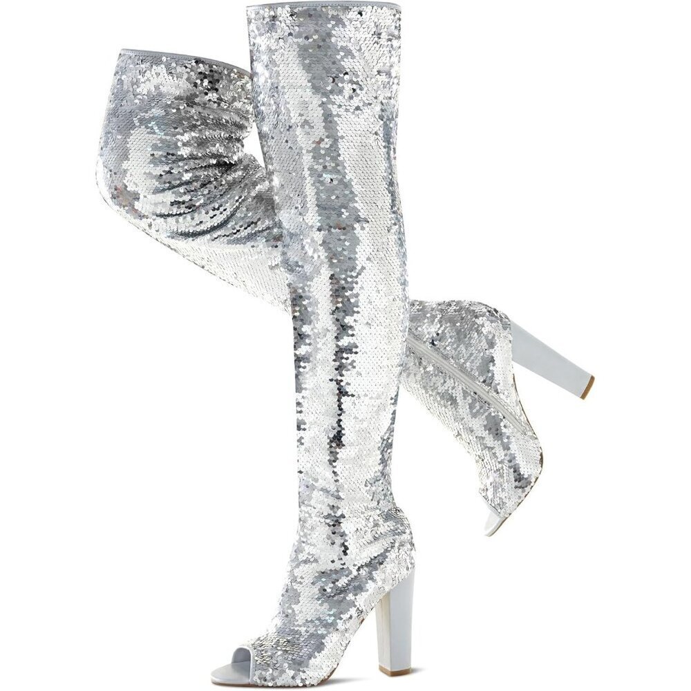 Women Sliver Sequin Over The Knee High Party Prom Open Toe Chunky High Heel Boot